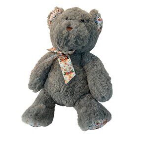 Walmart Plush Teddy Bear With Floral Accents & Bow 15” Gray Stuffed Animal